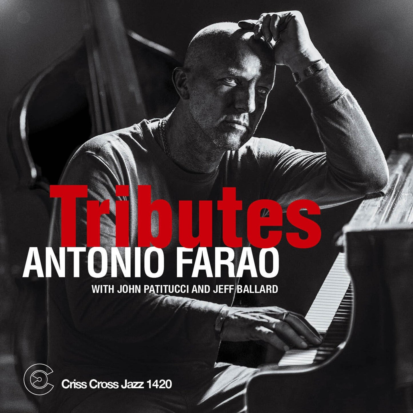 Black and white portrait of Antonio Farao playing piano with text overlay.