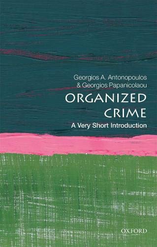 Book cover: "Organized Crime" with abstract green, pink, and dark blue paint strokes.