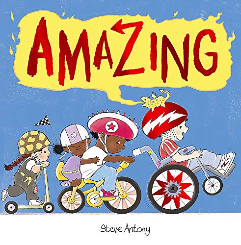 Book cover: children racing on scooters and bikes, titled "AMAZING".