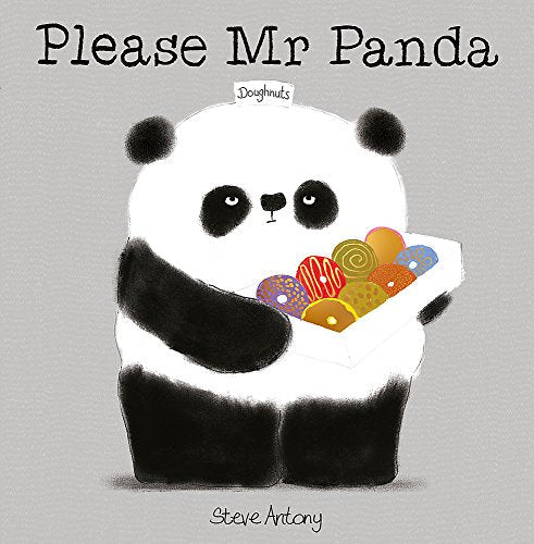 A panda holds a box of colorful doughnuts on a light grey background.