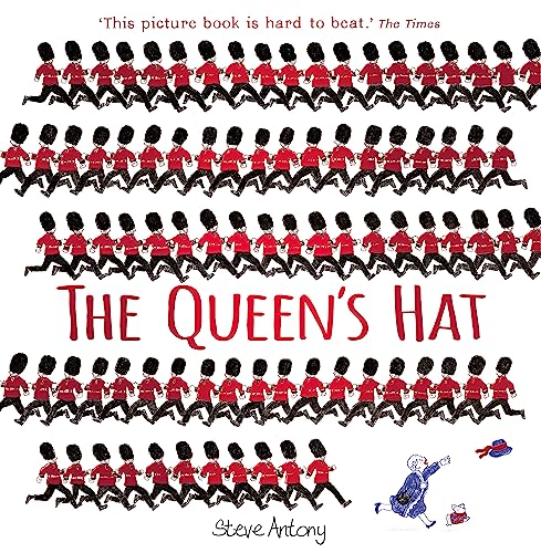 Book cover: repeating illustrations of guards and large red text "THE QUEEN'S HAT".