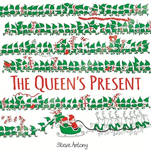 Book cover with repeating cartoon figures, Santa, and reindeer in red and green.