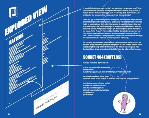 Open book pages with text, diagrams, and a cartoon figure on blue background.