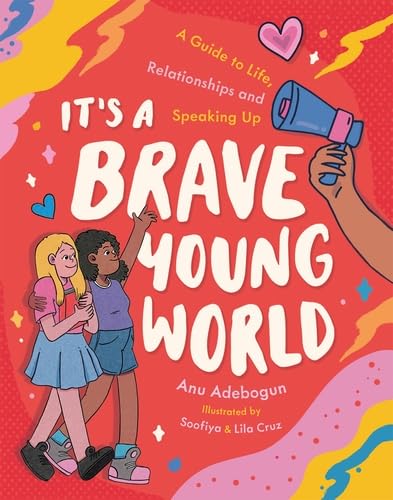 Book cover with two young girls, a megaphone, and colorful abstract shapes.