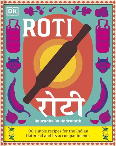 Cookbook cover for “Roti” featuring a rolling pin and Indian motifs.