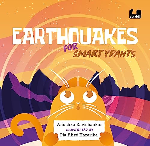 Book cover: "Earthquakes for Smartypants" with cartoon cat and mountains.