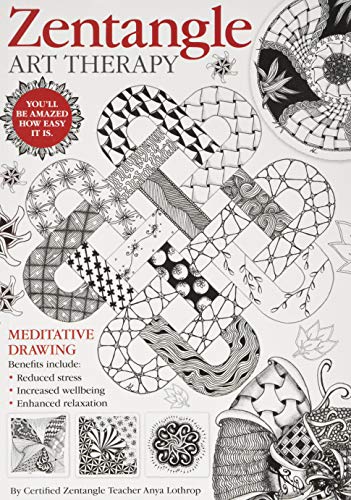 Book cover titled Zentangle Art Therapy featuring intricate black and white patterned geometric drawings.