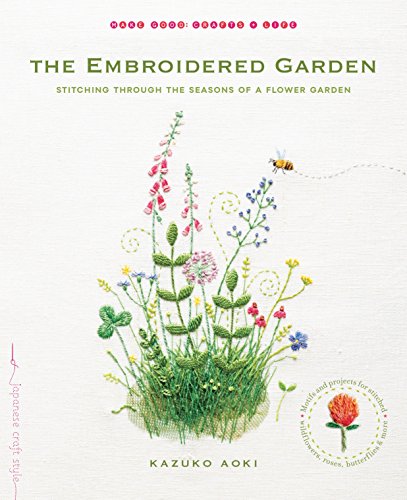 Book cover featuring colorful embroidered wildflowers and a small bee on white fabric.