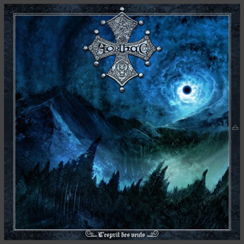 Dark album cover with a silver cross above a misty mountain landscape.