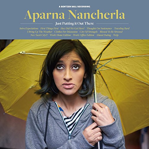 Aparna Nancherla holding a yellow umbrella on the cover of her comedy album.