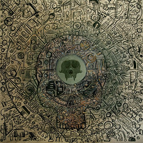 Intricate black and white drawing with a central skull and mechanical details.