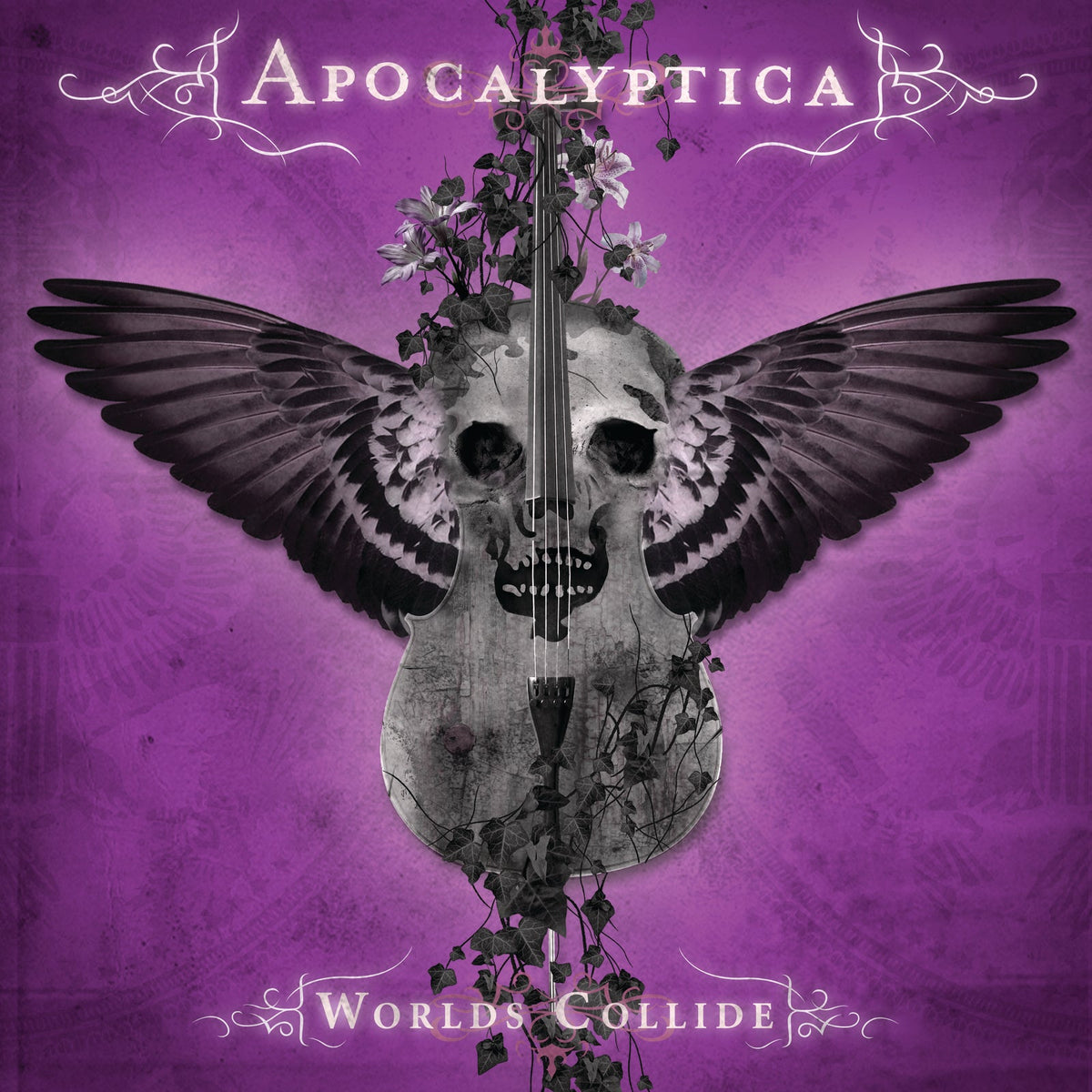 Apocalyptica album cover: skull-shaped cello with wings on purple background.