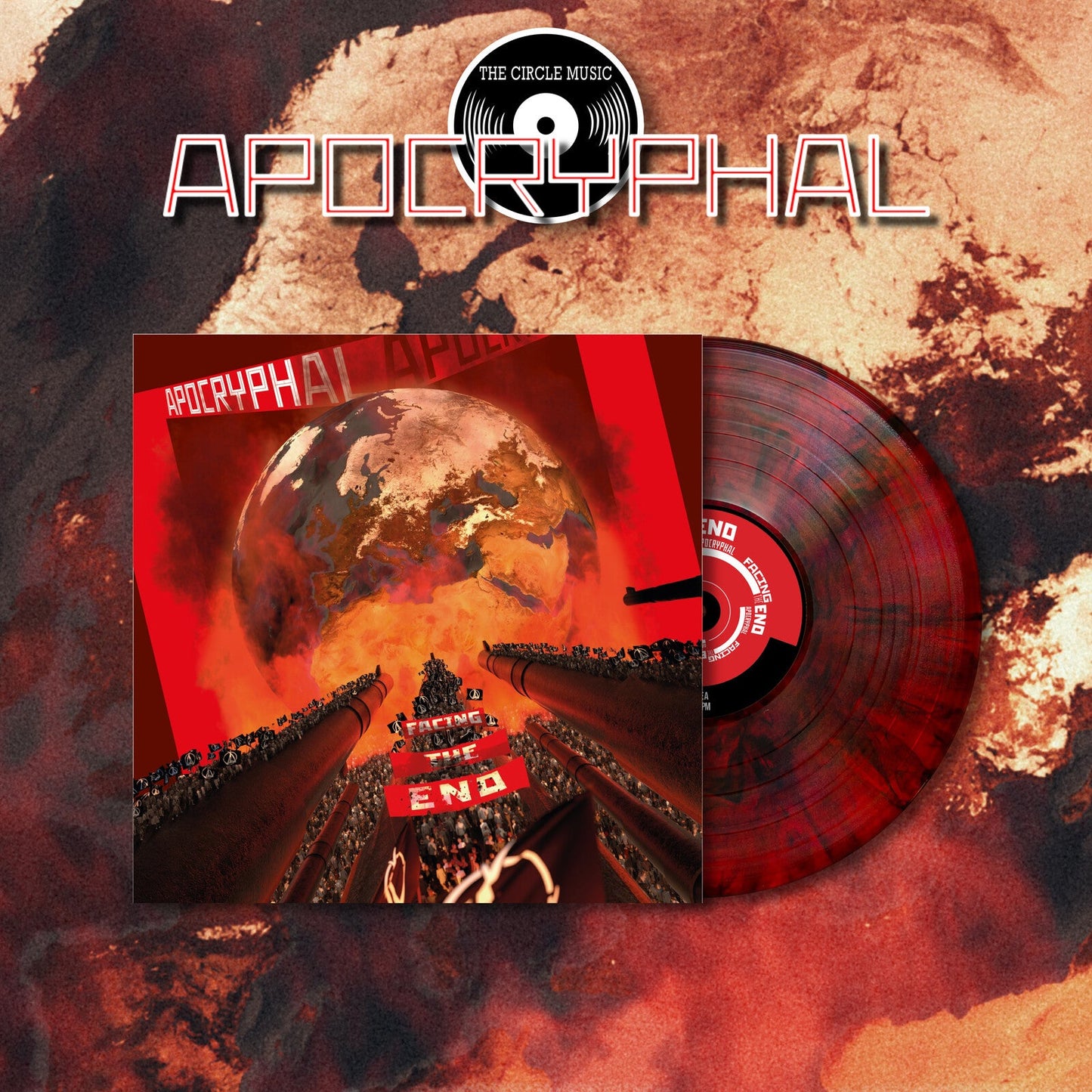Red vinyl record and album cover depicting a fiery, apocalyptic Earth.