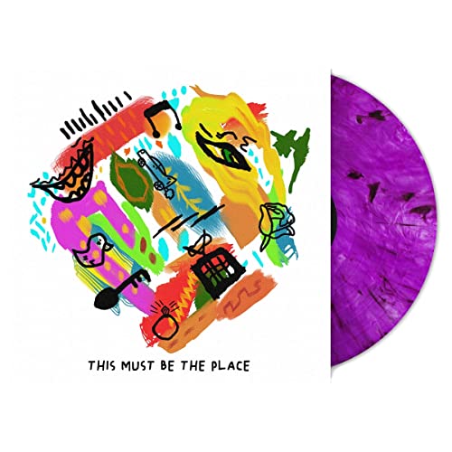 Album cover with colorful abstract drawings and a purple smoke vinyl record beside it.