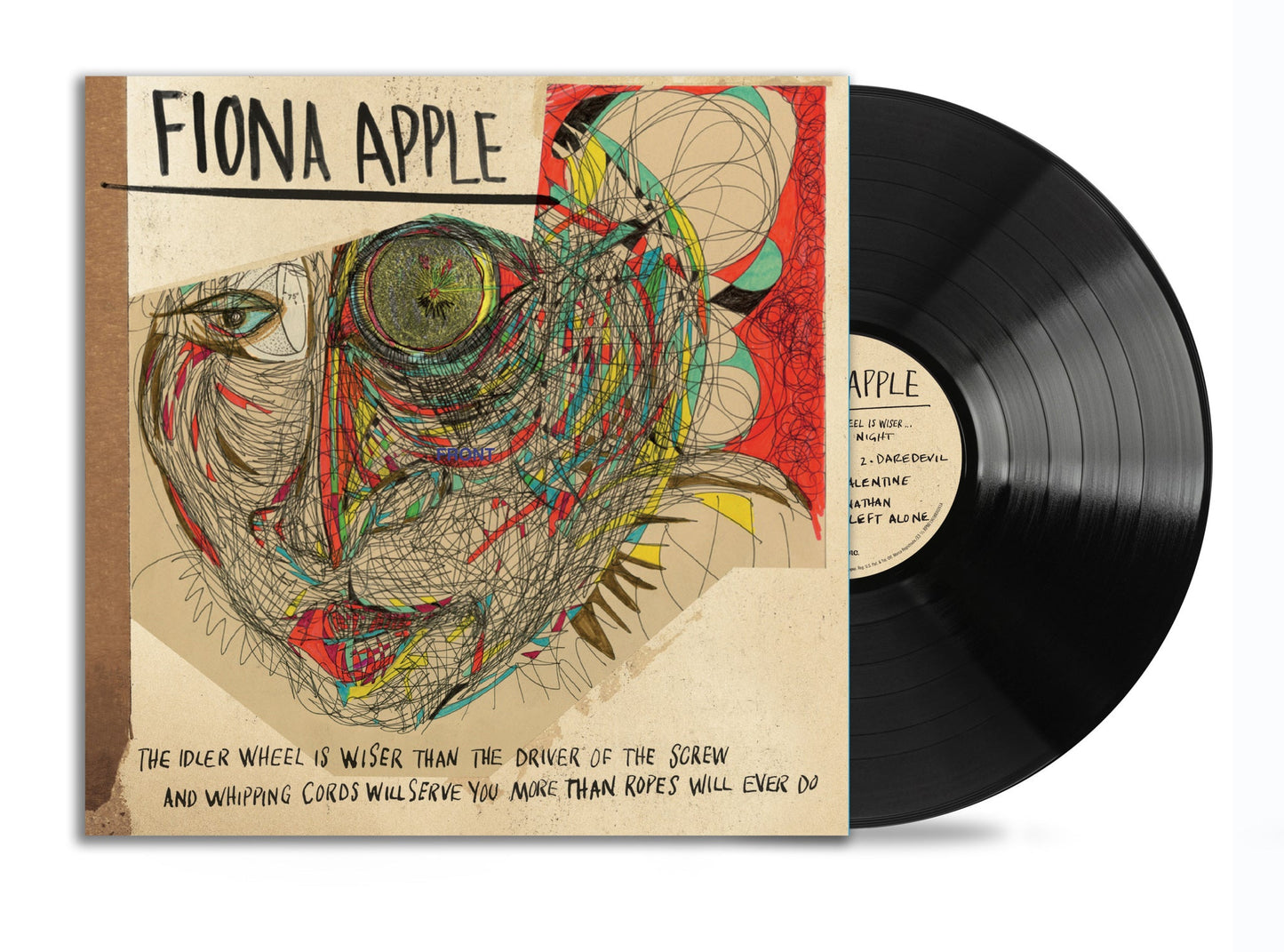 Fiona Apple's The Idler Wheel vinyl record featuring abstract line art cover and black disc.