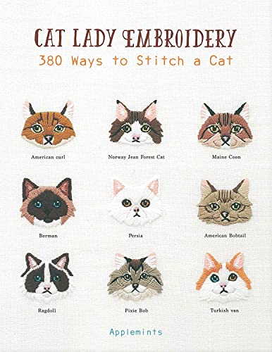 Book cover titled Cat Lady Embroidery featuring nine embroidered cat face illustrations with labels.
