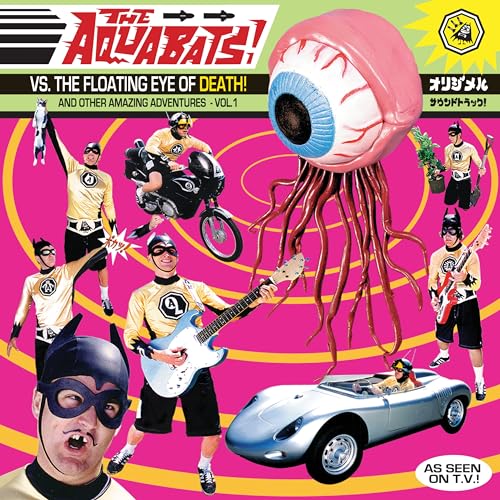 The Aquabats in gold costumes with a giant floating eyeball over a pink background.