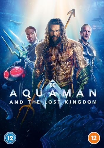 Aquaman and two allies in underwater battle, DVD cover art.