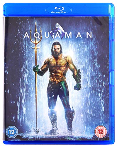 Aquaman Blu-ray disc cover featuring Jason Momoa in costume with trident.