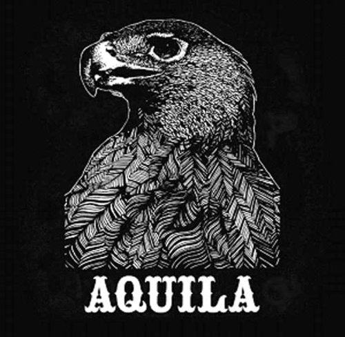 Black and white illustration of an eagle’s head and chest, with text “AQUILA”.