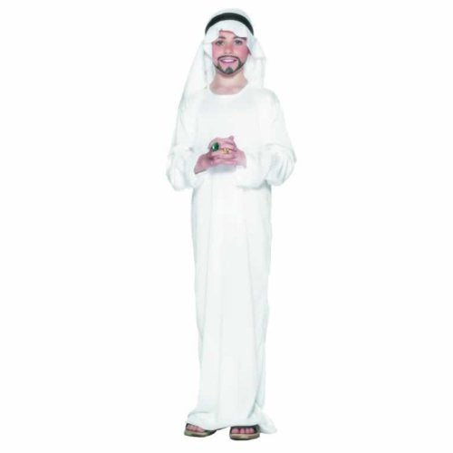 Boy wearing a long white robe and head covering costume.