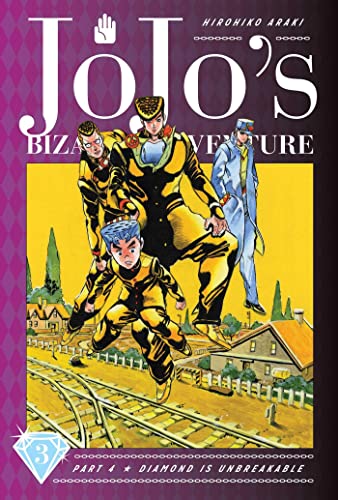 Manga cover featuring three characters in yellow and blue outfits over a railroad landscape.