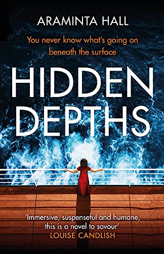 Book cover: woman in red facing a large, turbulent blue wave.