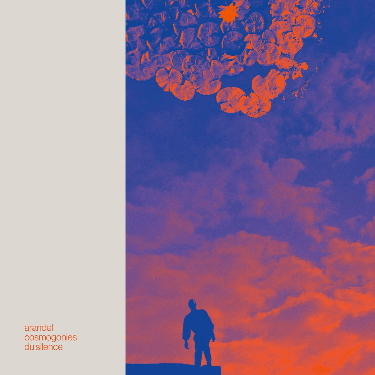 Figure silhouetted against orange clouds under a cluster of orange shapes.