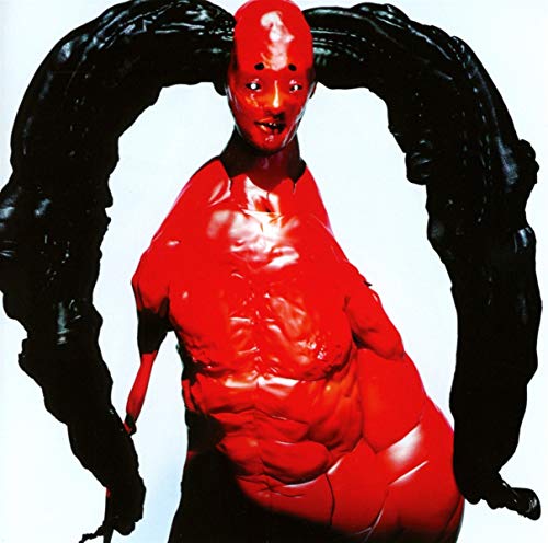 A glossy red humanoid figure with long black appendages against a white background.