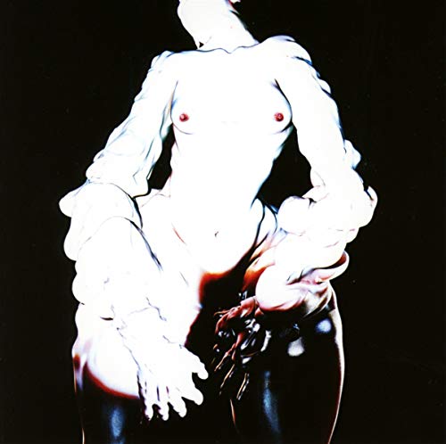Abstract, distorted image of a nude figure against a black background.