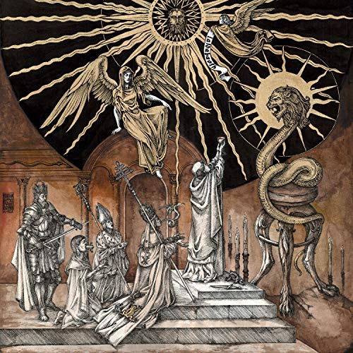 Detailed illustration of religious figures, angels, and symbolic imagery in sepia tones.