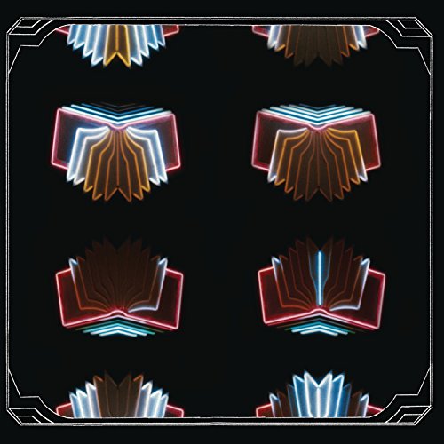Black album cover with repeating neon-lit open book shapes.