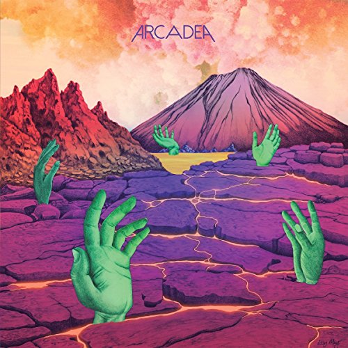 "Album cover art featuring green hands rising from cracked earth near a volcano."