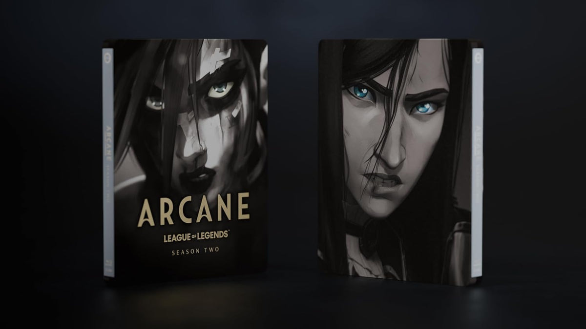 Front and back covers of Arcane Season 2 Steelbook featuring Jinx's face.