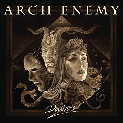 Arch Enemy album cover, "Deceivers," featuring demonic faces and ornate details.
