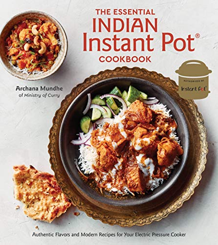 Cookbook cover featuring Indian dishes with rice, curry, and naan bread.