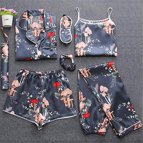 Dark satin pajama set with a red and white mushroom print laid flat.