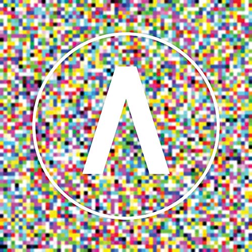 The image depicts a white letter "A" within a circle against a multicolored pixelated background.