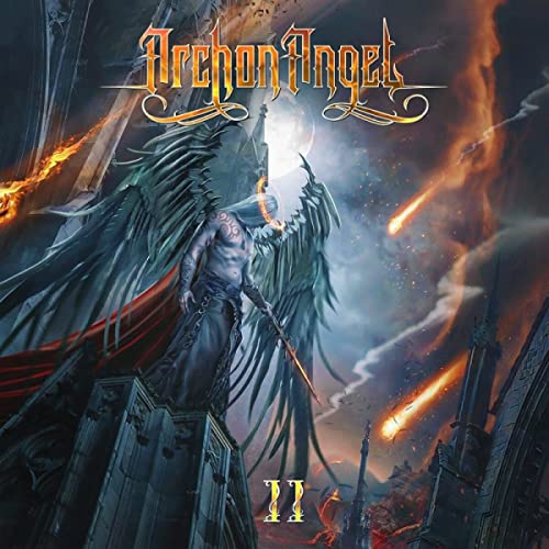 Album cover: winged figure with sword stands on gothic architecture.