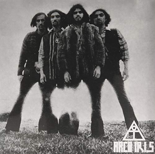 Black and white photo of four men, band Arco Iris, with logo.