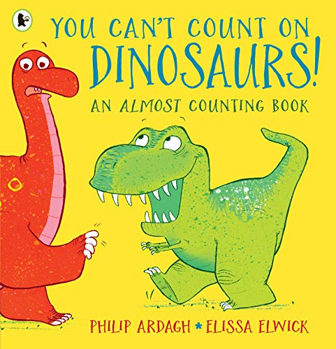 Book cover with cartoon dinosaurs, bright yellow background, and bold text.