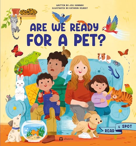 Book cover with family and various pets, titled “Are We Ready for a Pet?”