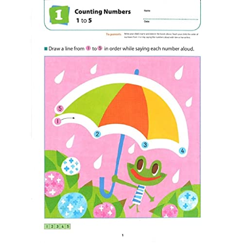 Kindergarten workbook page with a colorful umbrella and a frog counting to five.