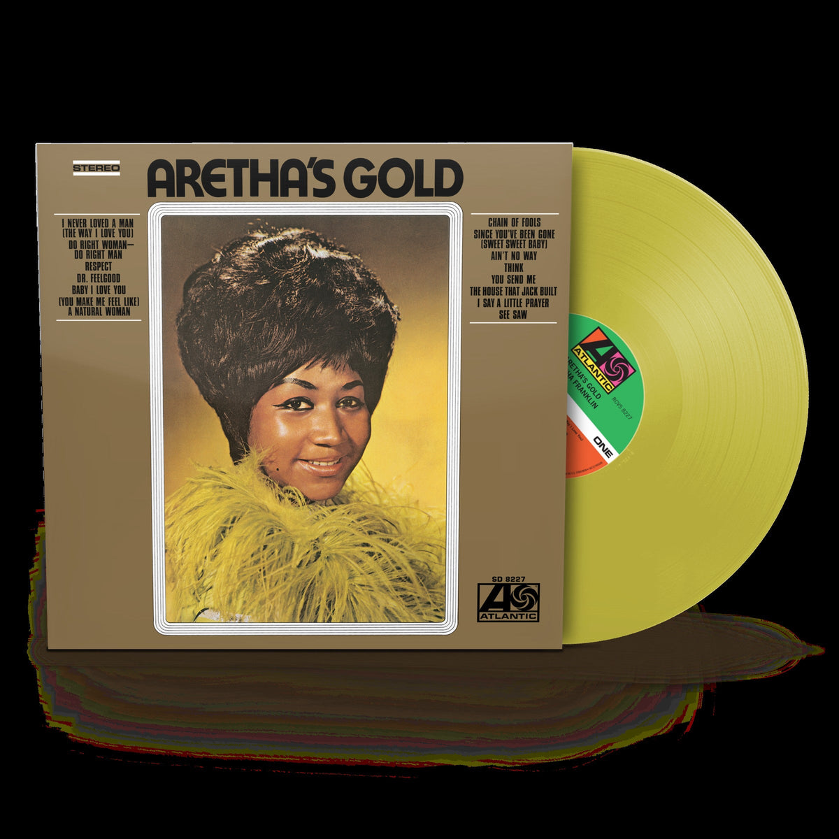 Aretha Franklin’s “Aretha’s Gold” gold vinyl LP record with cover art.