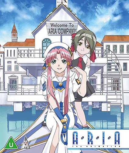 Anime cover for "Aria" featuring two young women by a waterfront building.