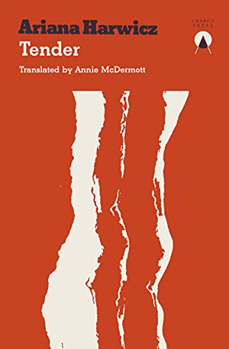 Book cover: red background with white abstract vertical shapes, title "Tender".