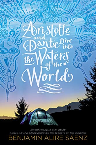 Book cover with swirling blue design, tent, and two figures silhouetted on a hill.