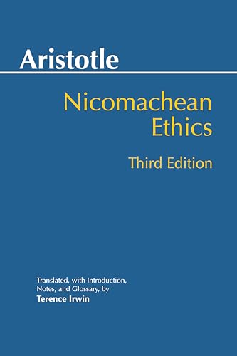 Blue book cover titled Nicomachean Ethics by Aristotle, translated by Terence Irwin, third edition.