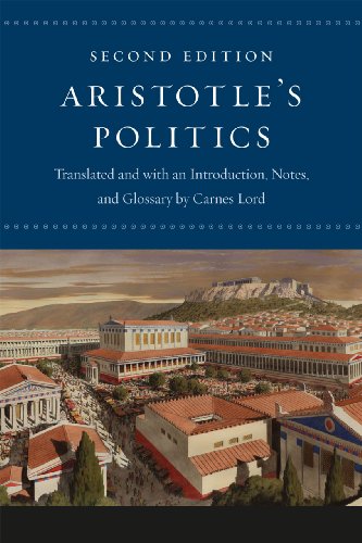 Book cover for Aristotle's Politics featuring a painting of an ancient Greek city.