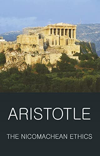 Book cover featuring the Parthenon in Athens with Aristotle The Nicomachean Ethics text below.